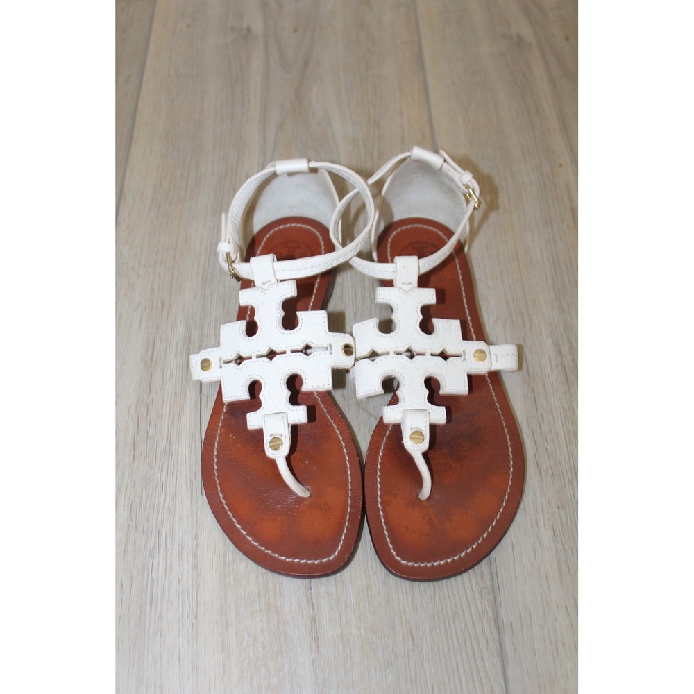 Tory Burch Phoebe White Leather Ankle Strap Logo Thong Flat Sandals Size 6.5M